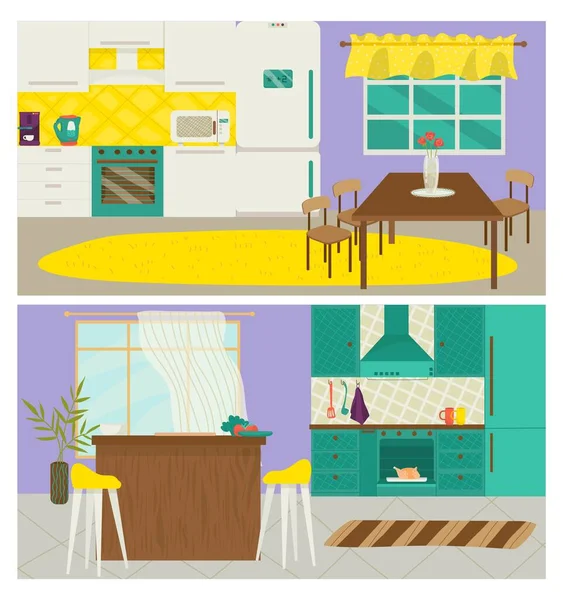 Interior de la cocina del hogar, ilustración vectorial. Habitación plana con muebles de diseño moderno, decoración para conjunto de apartamentos de la casa. Mesa de comedor, colección de sillas — Vector de stock
