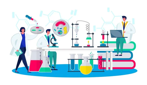 Bilimsel araştırma laboratuarı, vektör illüstrasyonu. Bilim insanları karakter olarak kimyasal ve tıbbi deneyler için laboratuvar ekipmanları kullanıyorlar.. — Stok Vektör