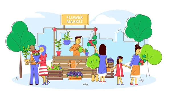 Mercato dei fiori con gente di linea, illustrazione vettoriale. Uomo donna personaggio acquistare pianta colorata in negozio, persona vendere bouquet e vaso di fiori. — Vettoriale Stock