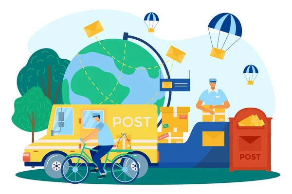 Postutdelning, postservice, vektorillustration. Människor kurir karaktär distribuera paket, platta brev nära brevlåda, postbil. — Stock vektor