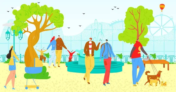 Park im Freien mit Menschen, Vektor-Illustration. Mann Frau Charakter Spaziergang in der Natur, Stadt Lebensstil im Sommer. Familienaktivität im Park — Stockvektor