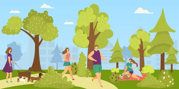 Gente en el parque al aire libre, ilustración vectorial. Mujer hombre personaje ejecutar en la naturaleza, estilo de vida de la ciudad para la persona joven plana. Chica en actividad de paseo de verano — Vector de stock