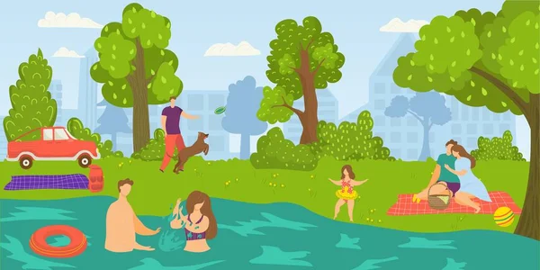 Parque para personas actividad al aire libre, ilustración vectorial. Hombre plano mujer carácter tener picnic en la naturaleza, pareja nadar en verano río agua. — Vector de stock