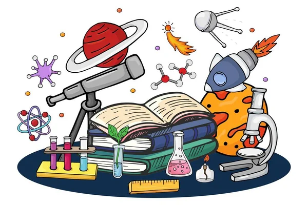 Książka naukowa o kosmosie, ilustracja wektora. Koncepcja edukacji kreskówek z rakiety, planeta, gwiazda i ręcznie rysowane satelity. Kreatywny design — Wektor stockowy