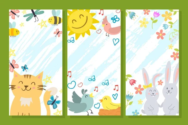 Primavera lindo juego de cartas, ilustración de vectores. Cartel volante colección con animal, bandera feliz para los niños. Gato sonriente, sol, pájaros, conejo — Archivo Imágenes Vectoriales