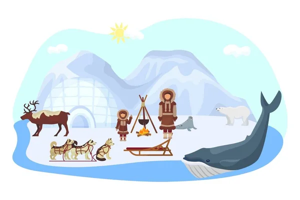 Alaska concept ethnique du nord, illustration vectorielle. Nature arctique avec ours polaire, peuple inuit caractère en vêtements sibériens. Otarie à fourrure sur glace — Image vectorielle