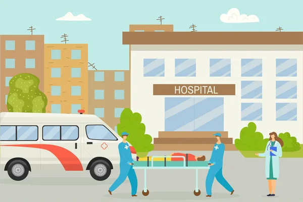 Carro de ambulância perto do hospital, ilustração vetorial. Cuidados médicos para o paciente, conceito de serviço de emergência. Pessoas médico personagem transportar paciente — Vetor de Stock