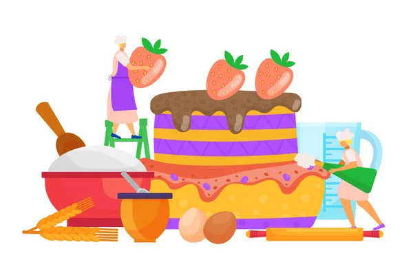 Zoet gebak koken, vectorillustratie. Kleine vrouwen maken het toetje. Bakkerij gebak met aardbeien, chocolade en slagroom — Stockvector