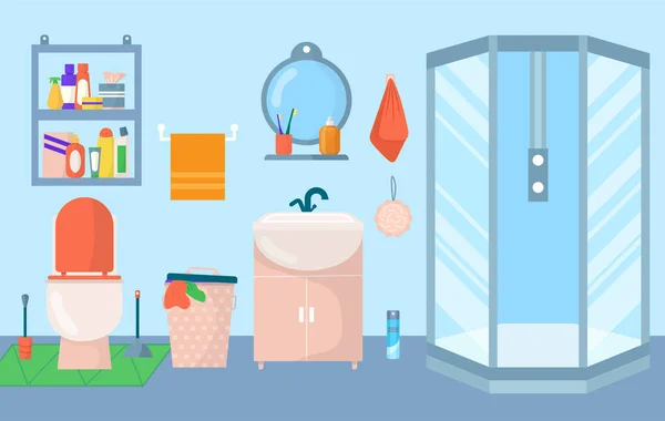 Cuarto de baño interior, ilustración vectorial. Muebles para el hogar en toalla rom, espejo, lavabo, bañera moderna para el concepto de diseño plano. Grifo de la casa, estante — Vector de stock