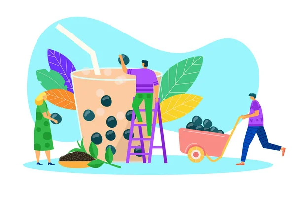 Bubble teh jus, vektor ilustrasi. Pria kecil karakter orang membuat minuman alami dalam cangkir, minuman musim panas dengan boba. Pria. - Stok Vektor