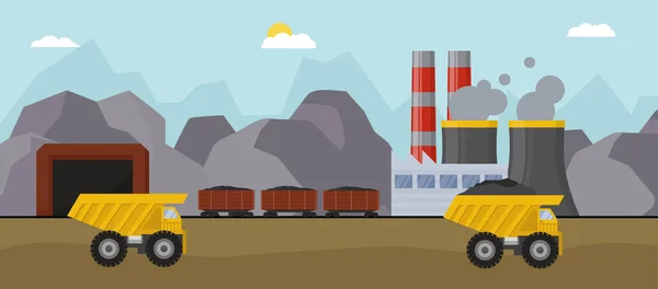 Conceito de mina de carvão com caminhão industrial, ilustração vetorial. Equipamento de transporte pesado, escavadeira de máquinas de energia com carvão. — Vetor de Stock