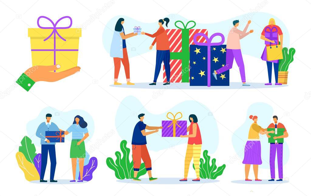 Give holiday gift set, vector illustration. Man woman people character present celebration box each other, isolated on white design.