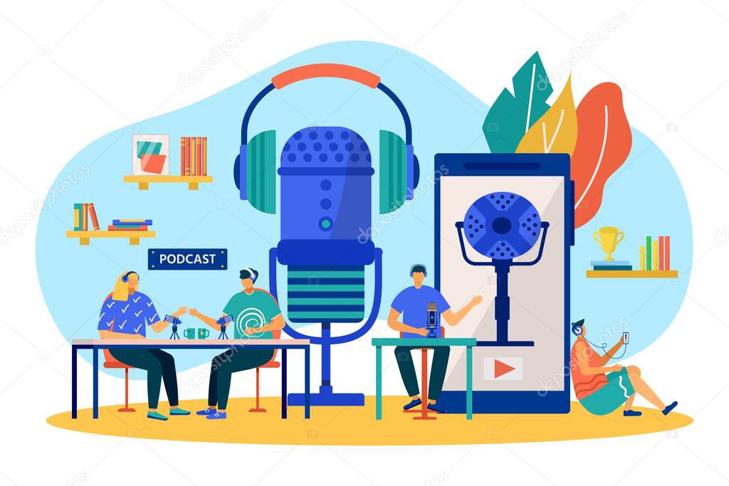 Podcast, online radio technology, vector illustration. Microphone to record audio, flat people character work at entertainment media.