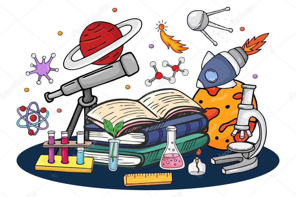 Science book about space, vector illustration. Cartoon education concept with rocket, planet, star and hand drawn satellite. Creative design