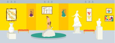 Yerel tarih müzesi, vektör illüstrasyonu. Çizgi film sergisi içi, galeri salonu antik heykeller, resim sergisi.