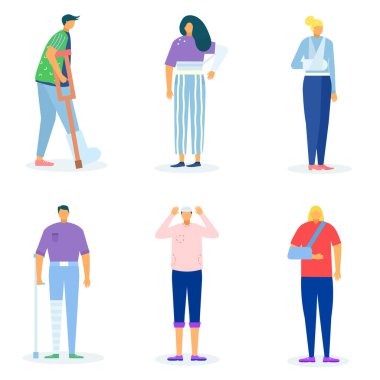 Yaralı kişi, beyaz sette izole edilmiş, vektör çizimi. Yaralı hasta erkek kadın karakter, tıbbi alçıda engelli kişi..