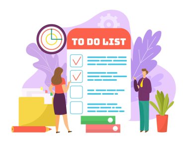 İş listesindeki görev konsepti, vektör çizimi. Düz adam kadın karakteri liste belgesi hazırlamak için yanında durur, tamamlanmış işi işaretler.