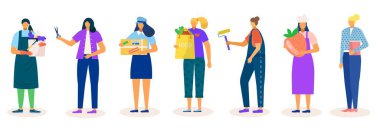 Beyaz vektör illüstrasyonunda izole edilmiş bir kadın seti. Daire temizleyicisi, kuaför, postacı ve mutlu yetişkin gönüllü.