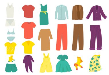 Kıyafet seti, moda öğesi, beyaza izole edilmiş, vektör illüstrasyonu. Gömlek, elbise, etek, ceket tasarım koleksiyonu. İç çamaşırı, kadın pantolonu.,