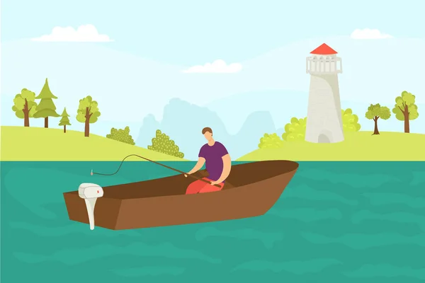 Рыбалка у воды, векторная иллюстрация. Персонаж рыбака сидит в лодке, ловит рыбу из реки на удочке. У человека есть хобби на море, на озере — стоковый вектор