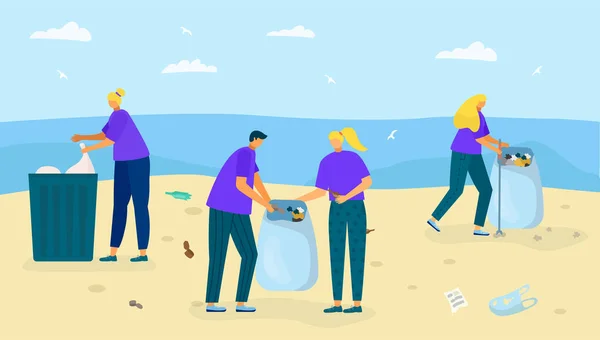 Playa orilla con basura, ilustración vectorial. Personaje de la gente recoge residuos cerca del océano, la limpieza de la naturaleza de la basura de plástico juntos. — Vector de stock