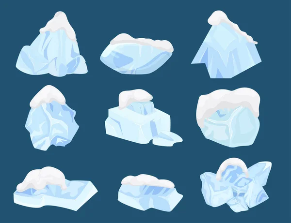 얼음 세트, 겨울 서리, 벡터 그림. 수정처럼 푸른 블록 디자인, 얼어붙은 물 수집, 깨끗 한 빙산 조각. 북극의 차가운 모양 — 스톡 벡터