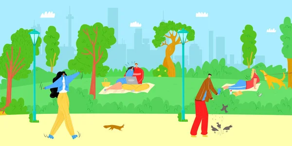 Naturaleza del parque de verano, ilustración vectorial. Hombre plano personaje de mujer al aire libre, estilo de vida feliz ciudad, la gente camina, tienen picnic. Hembra hacer yoga — Vector de stock