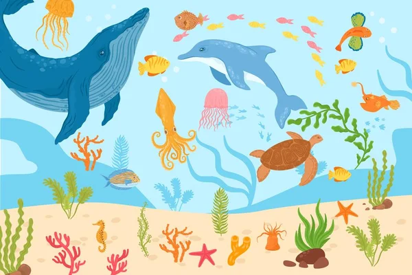 Unterwasserwelt, Vektorillustration. Tropische Meeresfische, Delfine, Tintenfische schwimmen in der Korallennatur, im Riff. Wasserschildkröte, Qualle — Stockvektor
