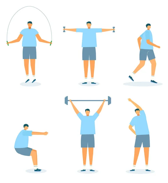 Übungs-Set, Vektorillustration. Männercharakter tun Fitness, isoliert auf weißem Workout für einen gesunden Körper. Athletentraining am Morgen, Trainingsaktivität — Stockvektor