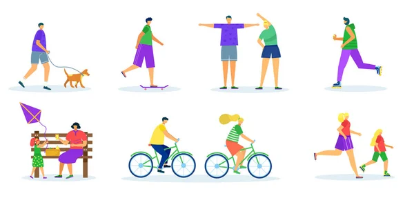 People in park, isolated on white set, vector illustration. Flat man woman character at outdoor leisure time, sport activity and walking dog — Stock Vector