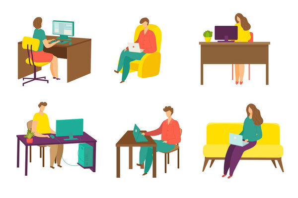 Woman man work in internet set, vector illustration. Flat people character use laptop, computer for communication online. Freelancer workplace