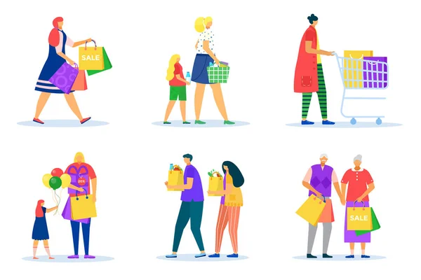 Mujer hombre de compras, aislado en el set blanco, ilustración vectorial. Gente plana bolsa de retención de carácter, persona en la colección de la tienda. Hija, madre — Vector de stock