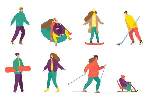 Набор зимней активности, изолированный на белой векторной иллюстрации. Мужчина женский коньковый спорт, катание на санках, лыжная коллекция. Люди в сезонной одежде