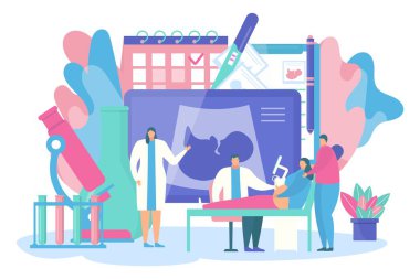 Hamilelik, doğurganlık konsepti, vektör çizimi, küçük düz doktor karakteri hamile bir kadın için ultrason, ekranda bebek görüntüsü..