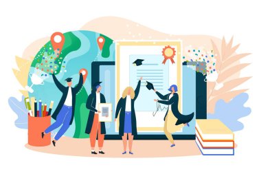 Üniversite, okul mezuniyeti, vektör illüstrasyonu, öğrenci karakteri İnternet üniversitesinde eğitim, dijital tabletle öğrenim