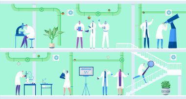 Laboratuvar ekipmanlarına sahip bilim adamları kimya deneyi, vektör illüstrasyonu, bilim kimyasal araştırma setindeki erkek kadın karakter seti yapıyorlar..