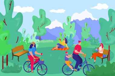 Yaz doğası olan park, vektör illüstrasyonu. Düz insan karakteri açık hava yaşam tarzında, mutlu erkek kadın şehir manzarasında yürüyor..