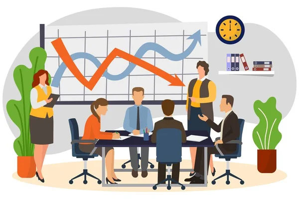 Reunião de negócios com equipe, ilustração vetorial, homem de grupo plano mulher personagem sentar no escritório, brainstorming trabalho em equipe, comunicação à mesa. —  Vetores de Stock