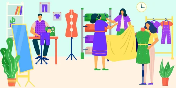 Trabajo a medida con tela, ilustración vectorial, personaje de modista de moda de gente plana diseñado ropa con textil, equipo de diseño de mujer — Vector de stock