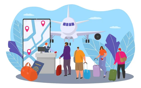 Online služba pro cestování letadlem, vektorová ilustrace. Plochý lidé charakter čekat na výlet, cestovní ruch cesta obchodní design koncept. — Stockový vektor