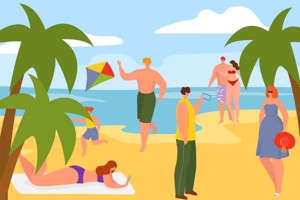 Playa del mar del verano con la orilla de la arena, ilustración del vector, hombre feliz plana mujer carácter relajarse en la naturaleza del océano, vacaciones cerca de la costa del agua. — Vector de stock