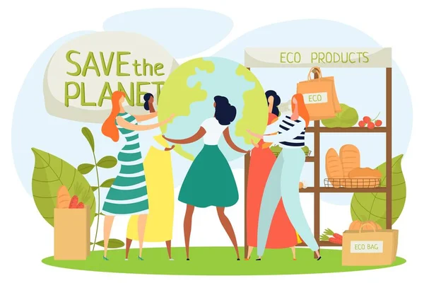 エコ食品市場,廃棄物ゼロ食料品,ベクトルイラスト,女性の人物購入バッグ,自然有機製品,リサイクル,再利用可能な商品 — ストックベクタ