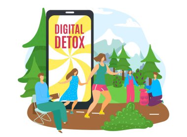 İnternet olmadan dijital teknoloji detoks, vektör illüstrasyon, düz adam kadın karakter bırakma aygıtı, insanlar çevrimdışı dinleniyor, akıllı telefon bağlantısı kesiliyor..