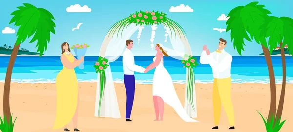 Beach wedding near sea, vector illustration, romantic couple groom and bride character stand together at arch, happy marriage. — 스톡 벡터