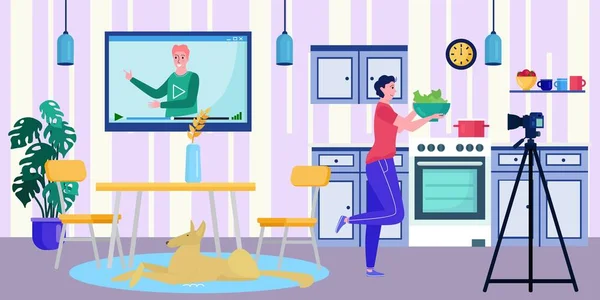 Blogueur en ligne vidéo à l'écran, illustration vectorielle, femme personnage regarder internet blog numérique à la technologie de la télévision, cuisine streaming féminin. — Image vectorielle