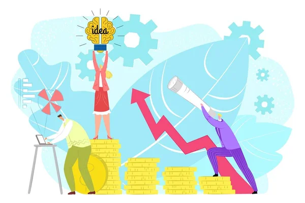 Money growth with business idea success, vector illustration, flat people man woman character stand at finance investment, profit strategy design. - Stok Vektor