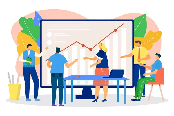 Üzleti grafikon a találkozón, vektor illusztráció, lapos férfi karakter csapatmunka az irodában, csapat emberek dolgoznak chart, prezentáció. — Stock Vector