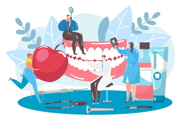 歯のための歯科ケア,ベクトル図,ヘルスケアの概念でフラット小さな医師の文字,歯科医は医療機器を使用します. — ストックベクタ