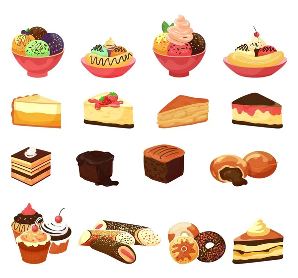 Postres, pasteles dulces, ilustración vectorial, pasteles de chocolate de panadería, aislados en magdalenas blancas deliciosas con crema sabrosa. — Vector de stock