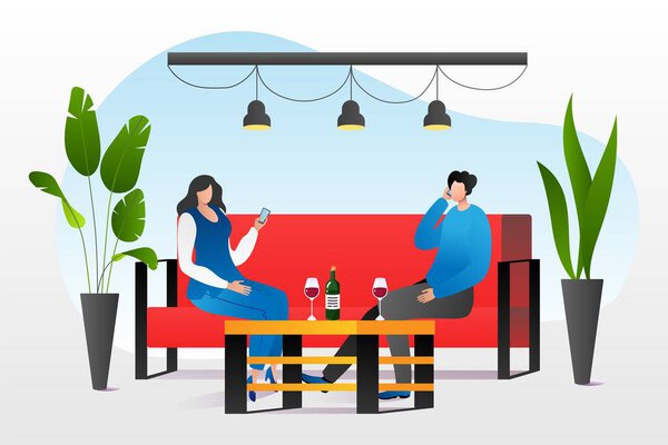Digital phone addiction at couple concept, vector illustration, man woman character use phone at date, gadget with social media technology.